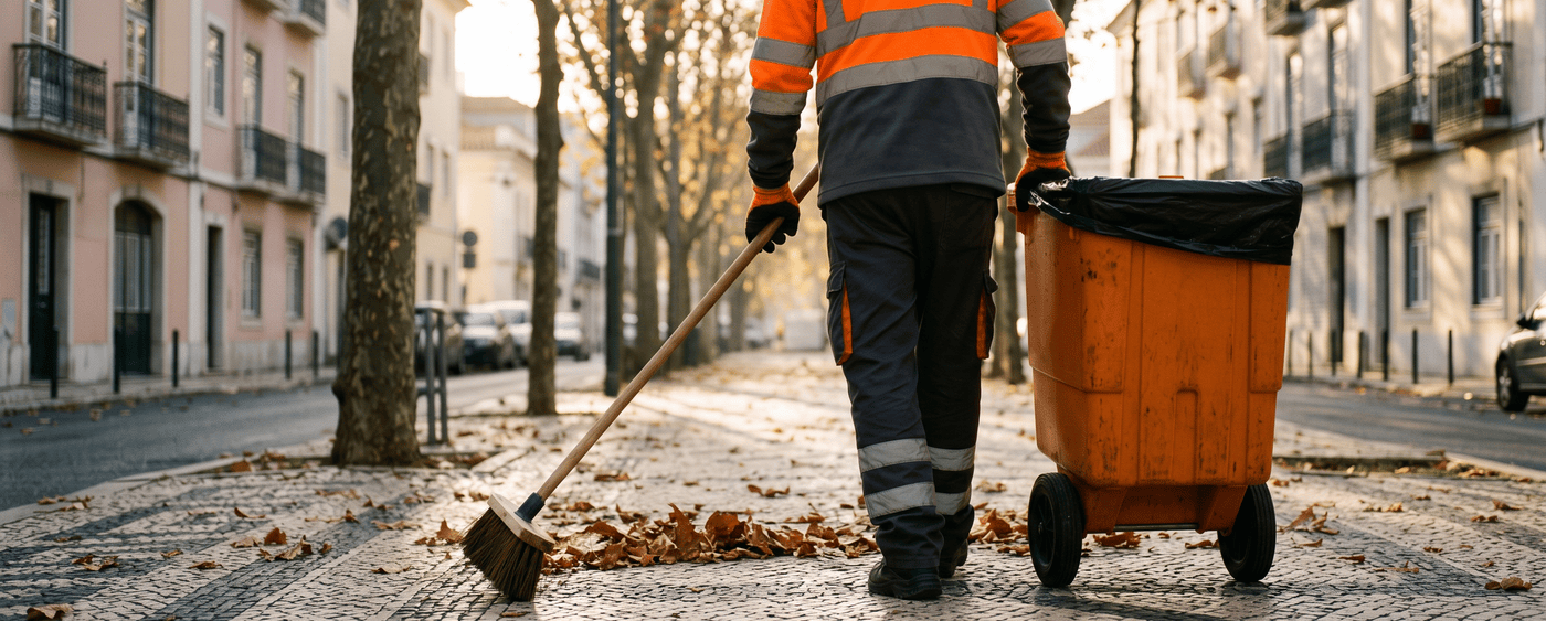 Trabalhador de limpeza urbana a varrer uma rua de calçada portuguesa na freguesia de Carnide